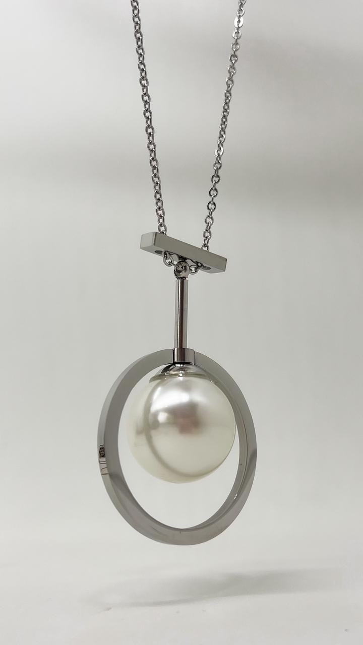 Colar Longo Arco Em Esféra Pérola -aço