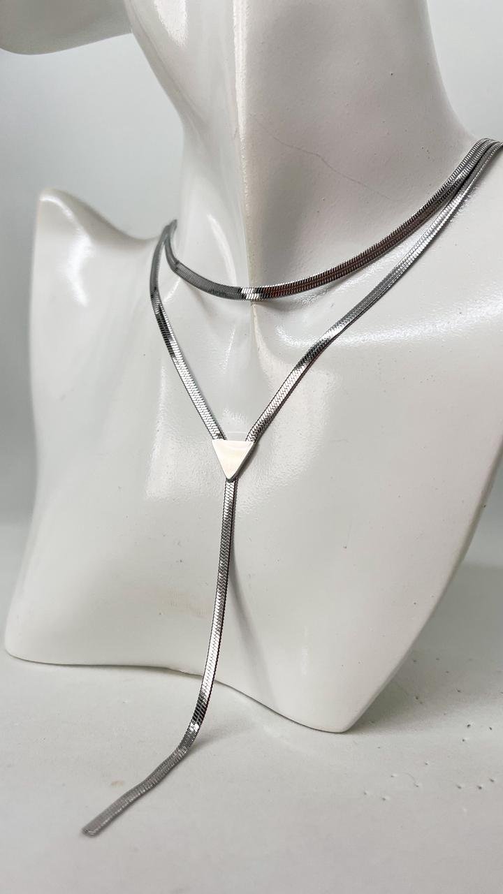 Colar Duplo Couro Cobra Triangular - Aço