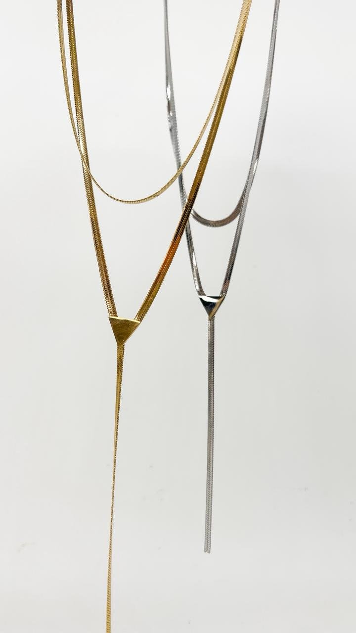 Colar Duplo Couro Cobra Triangular - Aço