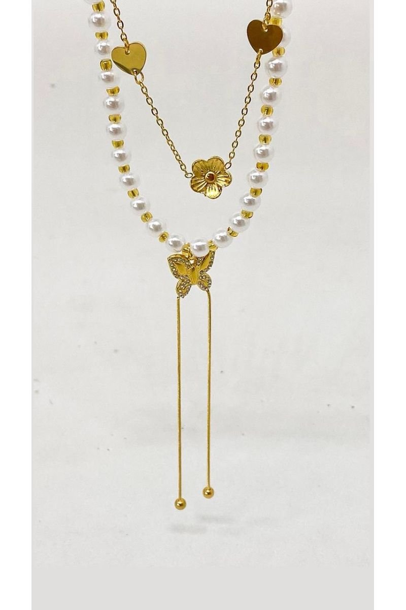 Colar Dois Em Um Pérola D´borboleta -aço