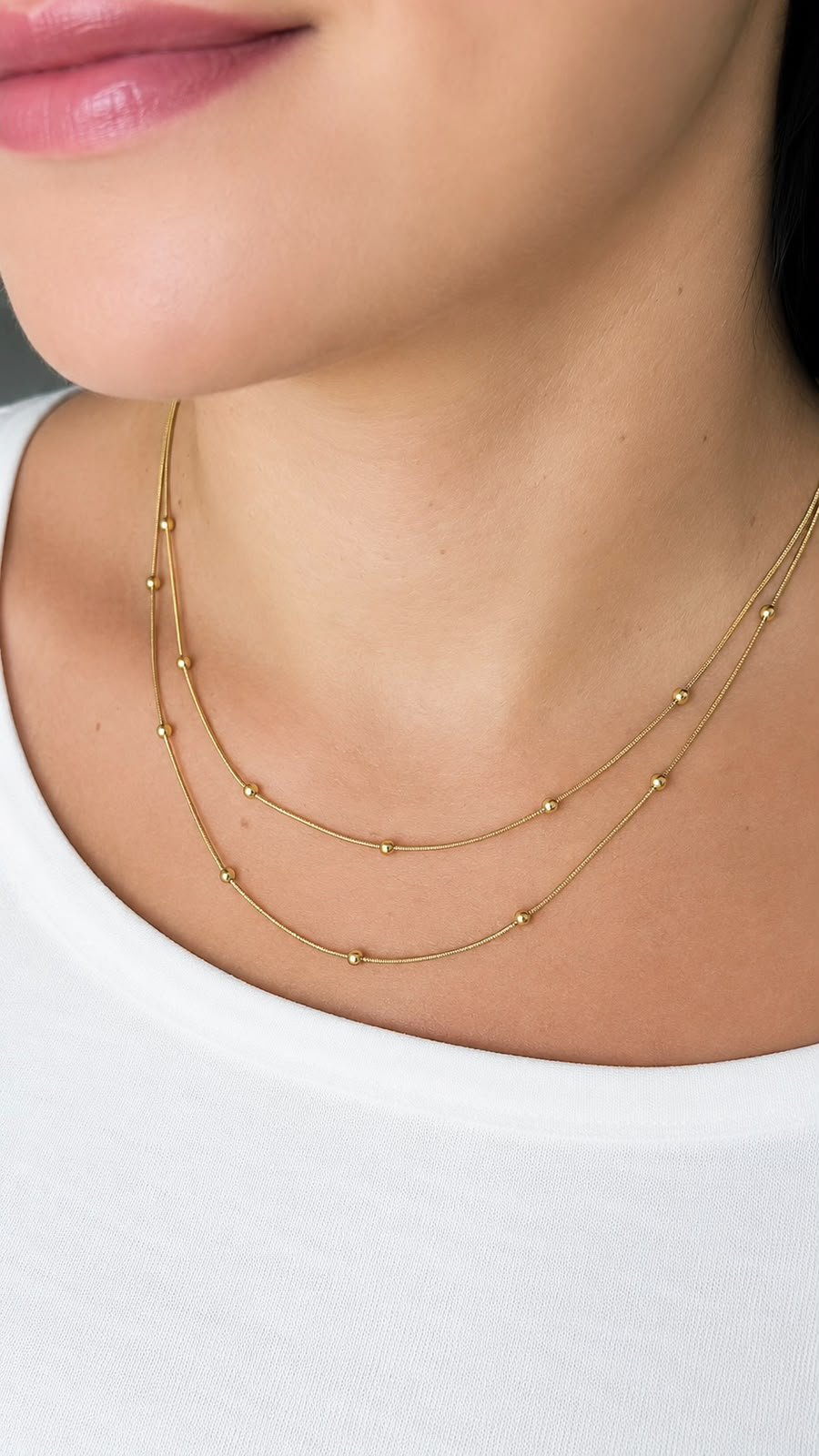 Colar Duplo Pontos D´ouro Delciado - Aço